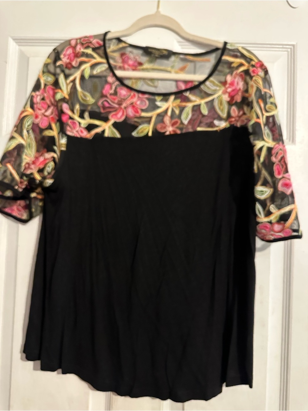Suzanne Betro Black Top with Pink & Green Floral Embroidery